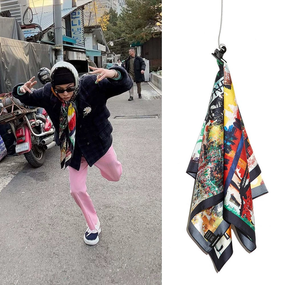 High-quality 2025 new GD's same graffiti style square scarf， pmo letter printed hip-hop scarf turban